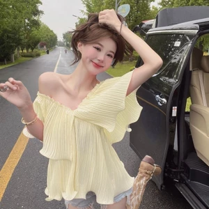 Mùa hè Mới Thời Trang Thường Ngày Chống Nắng Top Một Vai Lá Sen Edge Áo Sơ Mi Nữ