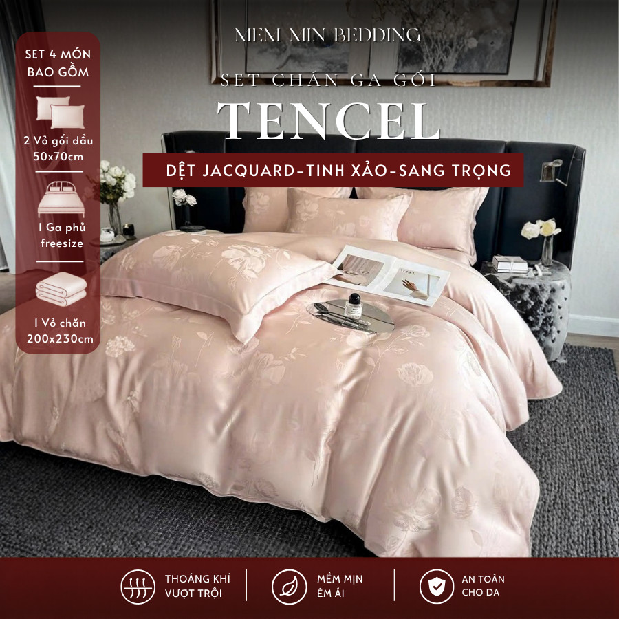 (L4416)Bộ vỏ chăn ga tencel Jacquard cao cấp với sợi dệt vân chìm cực sang và tinh xảo  - MemMinbedding Luxury