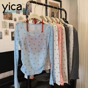 Áo Đeo Vai YICA, Áo Sơ Mi Lưới Slim Fit Sheer, Thời Trang Chống Nắng Dài Tay In Nơ Y2K Đi Biển
