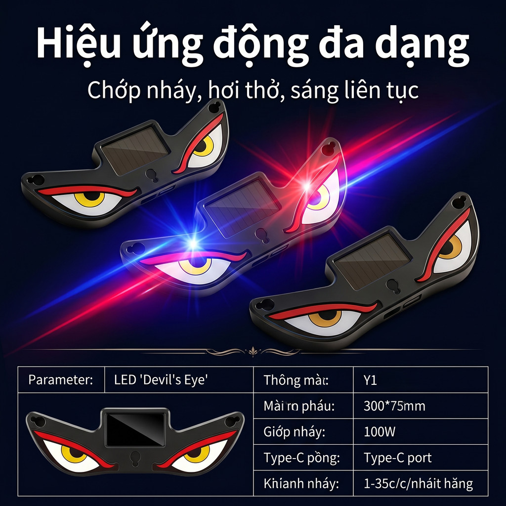 Đèn LED năng lượng mặt trời ô tô Đèn cảnh báo mắt quỷ Đèn rung nhạy cảm Type-C Đèn thở Độ sáng cao Cửa sổ nội thất ô tô