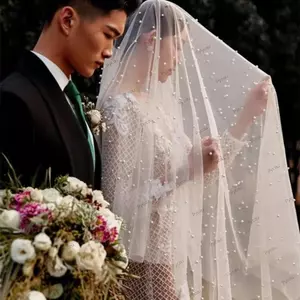 Khăn che mặt cô dâu PYCOU, má hồng 2 tầng thanh lịch, mặt ngọc trai được che bằng lược may thủ công DIY