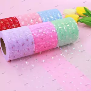 Cuộn vải tuyn hình trái tim PYCOU, Ruy băng Organza 25 hạt 6CM, Gói vải lưới tự làm bằng vải