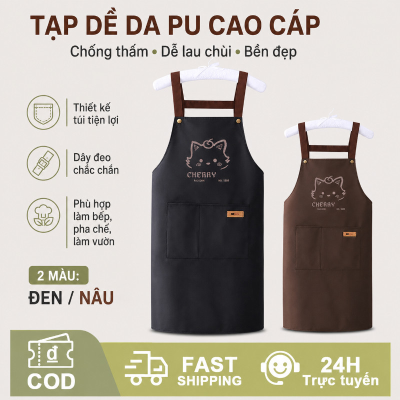 Tạp dề nhà bếp unisex chống nước, chống dầu hiệu quả, in mèo hoạt hình dùng cho gia đình