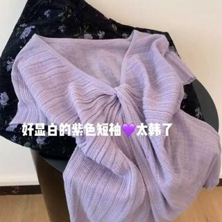 [Hàng mới về] Áo thun ngắn tay dệt kim cổ chữ V sáng nhẹ nhàng sáng đẹp thắt nút nơ nữ mùa hè độc đáo Sli đẹp