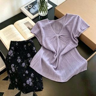 [Hàng mới về] Áo thun ngắn tay dệt kim cổ chữ V sáng nhẹ nhàng sáng đẹp thắt nút nơ nữ mùa hè độc đáo Sli đẹp
