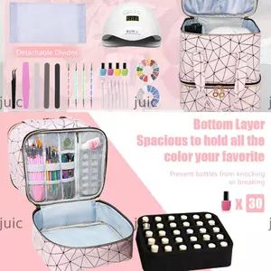 Túi làm móng tay JUIC, có tay cầm Dụng cụ sắp xếp móng tay hai lớp, Túi xách 30 lưới PU Nylon Túi trang điểm Gel sơn móng tay