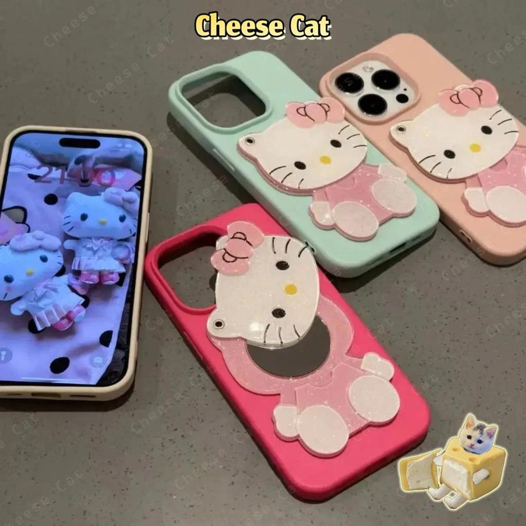 Gương trang điểm trượt Kitty + Ốp điện thoại phủ đá cuội cho iPhone 11 12 13 14 15 16 17 Pro Max 7 Plus Xs Max XR