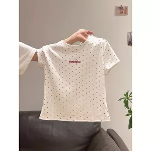 Milyfashion Cotton Trắng Chấm Bi In Hình Cổ Tròn Chính Hãng Vai Ngắn Tay Áo Thun Phong Cách Mới Mùa Hè Mỏng Ngắn Top Bé tee PSY0