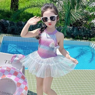 Váy bơi công chúa bé gái cầu vồng - Dáng yếm cổ phối voan, liền thân đi biển mùa hè