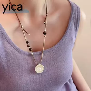 Dây chuyền YICA mặt dây hạt giả, vòng cổ sweater có thể điều chỉnh độ dài, dây hai lớp tròn không đều phong cách Pháp cho nữ