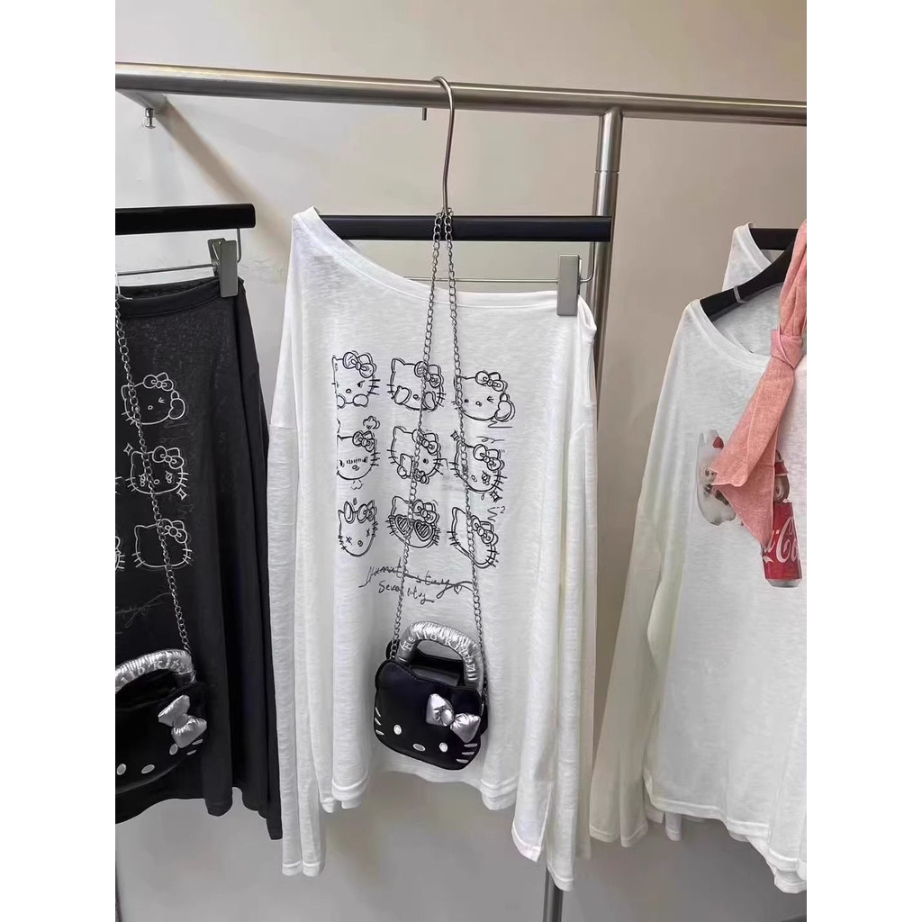 Milyfashion Loose Size Lớn Kem Chống Nắng Mùa Hè Phong Cách Mới Hoạt Hình Mèo kitty In Mỏng Đeo Vai Dài Tay T Quần Áo Nữ 59D2