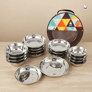 17 Chiếc Thép Không Gỉ 304 Cắm Trại Bộ Nồi Di Động Ngoài Trời BBQ Nướng Đĩa Bát Dao Kéo
