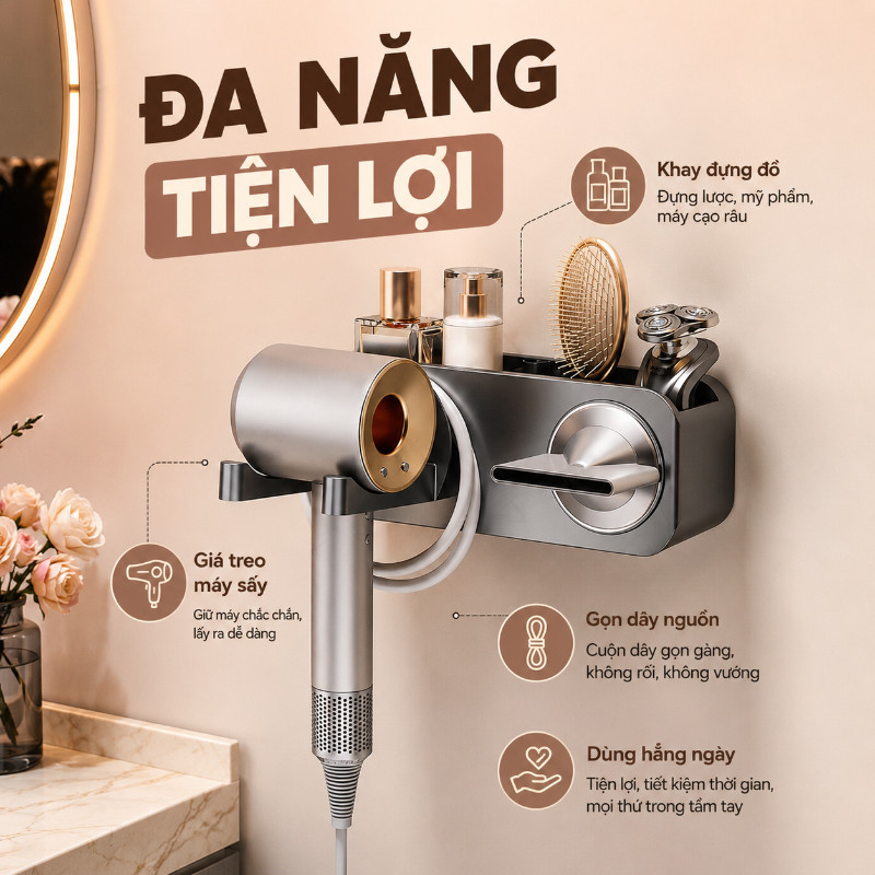 Giá Đỡ Máy Sấy Tóc Treo Tường – Nhôm Hàng Không ABS, Dán Tường, Có Khe Móc Dây Điện & Ngăn Đựng Đồ