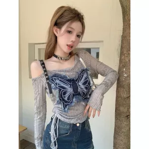 Mùa thu độc đáo của Mỹ Retro Hot Girl Denim Khâu bướm quây dài tay Slim-Fit Top Bottoming Áo sơ mi nữ