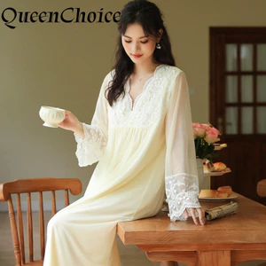 Phụ Nữ Chắc Chắn Dài Tay Váy Bộ Đồ Ngủ Vintage Váy Ngủ Nữ Retro Váy Ngủ Đồ Ngủ