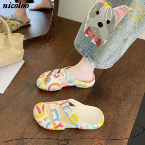 NICOLOO 1 Đôi Dép Nữ, Chất Liệu EVA Đóng Mũi Thiết Kế EVA Trượt, In Hình Hoạt Hình Chống Va Chạm Mũi Đế Chống Trơn Trượt Nhẹ Đệm Đi Biển Dép Đi Biển Đi Biển