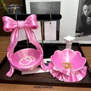 Khay đựng đồ trang sức in 3D DONOVANQQ, Giá đỡ nhẫn ruy băng nơ trang trí thanh lịch, Thời trang phong cách Baroque ngọt ngào Sáng tạo Tấm trang sức Bông tai Tấm trưng bày vòng cổ