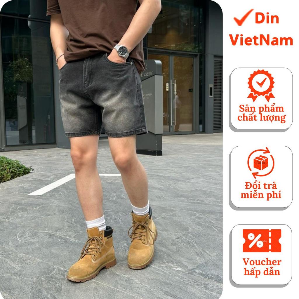Quần Short Jean Nam DIN, Quần Bò Đen Bạc Form Trên Gối, Chất Dày Vừa Không Phai Màu Dễ Phối JD818