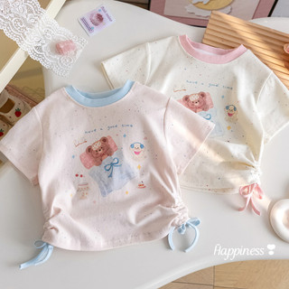 (1-8 tuổi) Áo thun họa tiết gấu bông có dây rút mùa hè Cotton thoáng khí ngắn tay cho bé