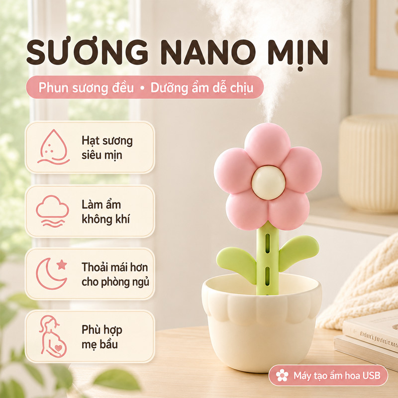 Máy tạo ẩm hoa USB để bàn,Máy tạo độ ẩm Hoa Mini,bà bầu và em bé, tăng độ ẩm không khí gia đình