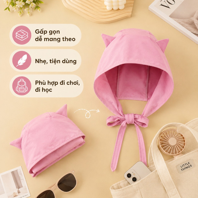Mũ Chùm Đầu Chống Nắng Tai Mèo Dễ Thương, Mũ Trùm 3/4 Có Dây Đeo, Che Mặt Cổ Đi Chơi Du Lịch Đa Năng
