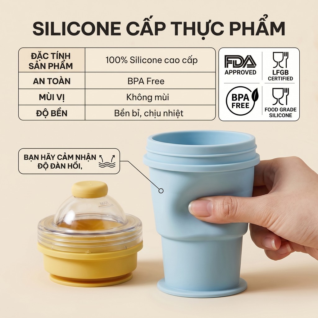 Cốc silicon gấp gọn, chất liệu thực phẩm chống rò rỉ kèm ống hút, dung tích lớn,cốc làm đá đa năng