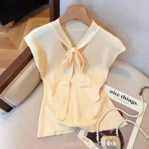 Áo Vest dệt kim cổ chữ v có ruy băng mơ dành cho nữ mùa hè Phong cách mới tay bay nhỏ phong cách Hàn Quốc hàng đầu