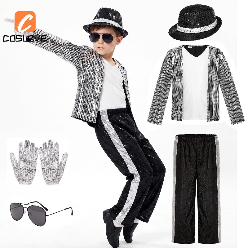 Trẻ Em Micheal Jackson Bạc Lót Áo Cosplay Quần Áo Trọn Bộ Trang Phục Trang Phục Cho Bé Trai Biểu Diễn Sân Khấu Cosplay