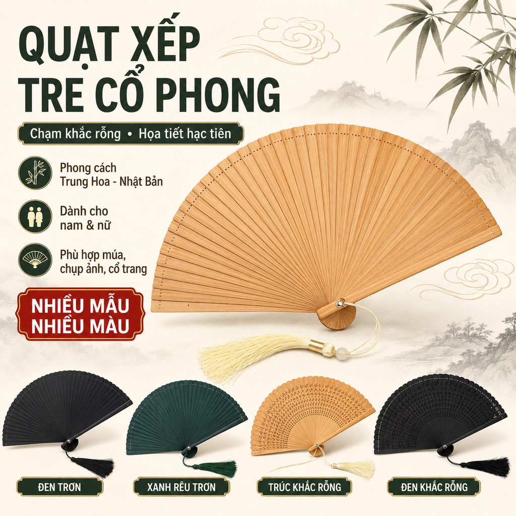 Quạt Cổ Trang Cầm Tay Bằng Tre 18cm – Quạt Xếp Siêu Xinh, Kèm Bao & Tua, Làm Quà Tặng, Phụ Kiện Chụp Ảnh