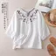 Văn Học Retro Vải Lanh Cotton Thêu Thường Ngày Rời Giữa Tay Ôm Hơn Nhìn Ngắn Tay Top Nữ Cổ Chữ V Cảm Thấy 5.26