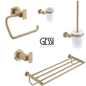 Bộ phụ kiện phòng tắm GESSI của Ý làm hoàn toàn bằng đồng: giá treo khăn, giá đựng giấy vệ sinh, bàn chải vệ sinh, giá t
