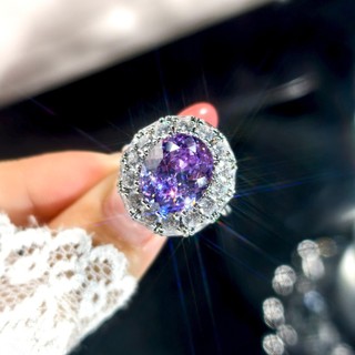 Châu Âu Mỹ ins Phong Cách Mới Hình Bầu Dục Tím Kim Cương Kẻ Sọc Zircon Mở Nhẫn Nữ