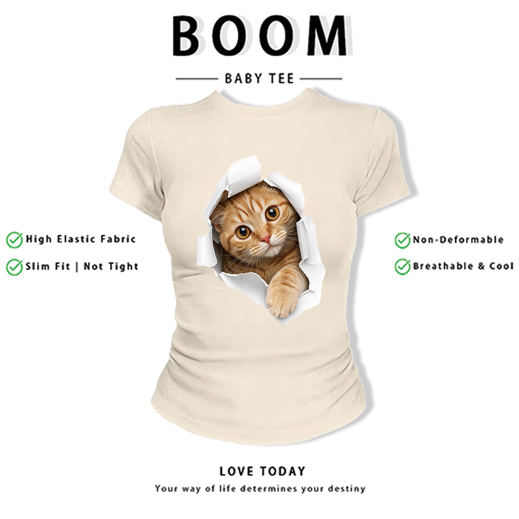 BOOM Áo Baby Tee Nữ Cotton Ôm Body-Áo Thun Ngắn Tay Y2K In Hình PhongCách Mùa Hè, Cổ Tròn Hàng Đầucách hàn quốc phong&63
