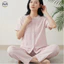 Phong cách Nhật Bản Muji Style / Bộ đồ ngủ cổ tròn Cotton nguyên chất sợi hai lớp dành cho nữ / Bộ đồ dài tay ngắn mỏng màu trơn dài / Bộ đồ quần ngắn tay có thể mặc bên ngoài mùa hè