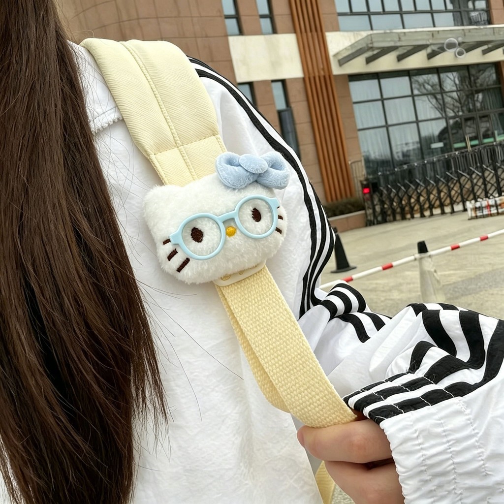 Kẹp dây đeo vai sang trọng Kitty dễ thương, Phụ kiện ba lô hoạt hình đáng yêu có kính & nơ