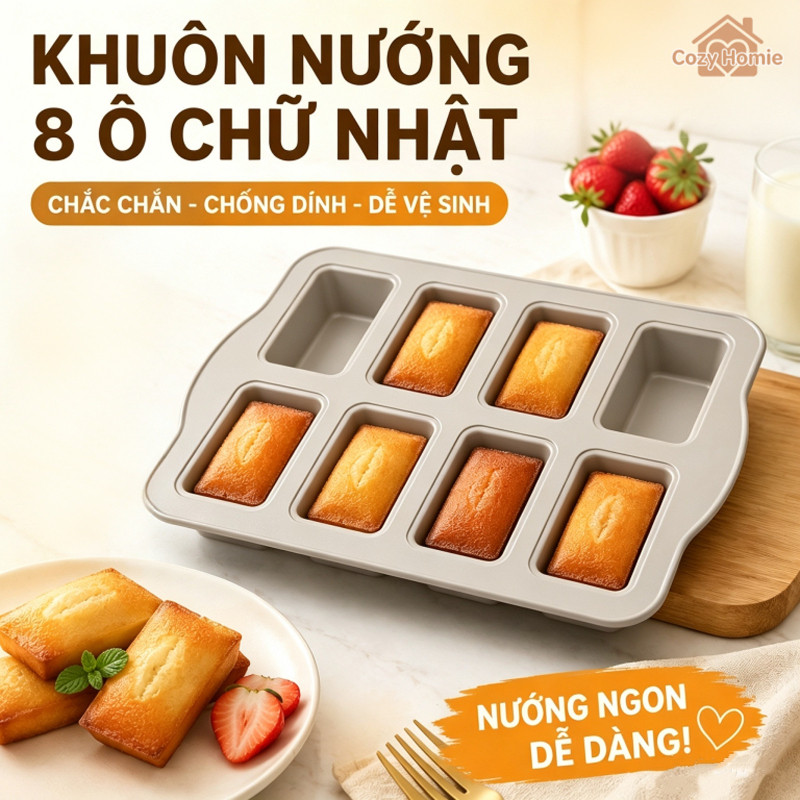 Khuôn Nướng 8 Ô Thép Carbon Cao Cấp Lớp Chống Dính Tốt Dẫn Nhiệt Đều Chống Biến Dạng Cho Bánh Mì Mini Bánh Bông Lan