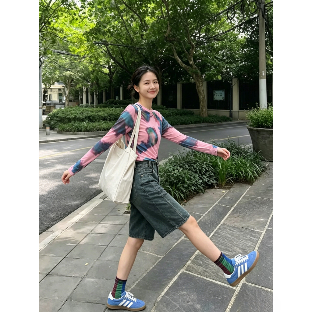 Milyfashion Loose Cao Cấp Tay Dài T Mùa Hè Phong Cách Mới Cổ Tròn Gạc Tie-Dye In Mực Smudge Kem Chống Nắng Đế