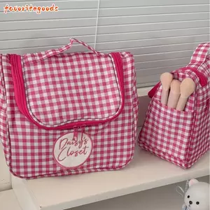 Túi trang điểm FAVORITEGOODS, Hộp đựng mỹ phẩm kẻ sọc màu hồng mang theo, có ngăn mở rộng Túi đựng đồ vệ sinh treo du lịch dung tích lớn