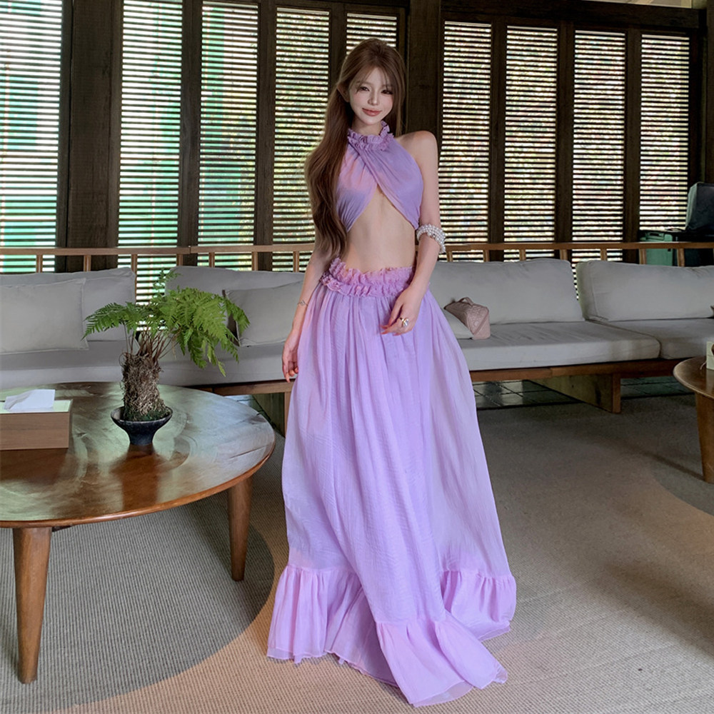 Set áo hở lưng + chân váy tím thời thượng