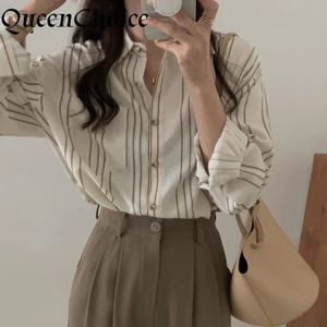 Áo sơ mi voan sọc dài tay thời trang dành cho nữ Áo sơ mi nữ dáng rộng cổ làm việc hàng đầu