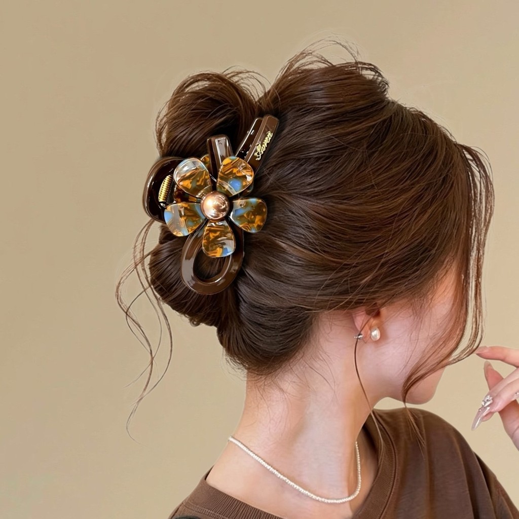 Kẹp tóc hoa nâu xanh cổ điển dành cho nữ Kẹp cá mập