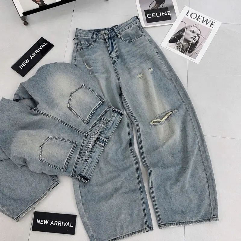 Quần Jean Nữ Suông CHEZI HOUSE Wash Rách Nhẹ Xanh Ánh Mài Vải Jean Mềm Dài 102cm Cao Cấp  #8660 Phom Ống rộng Hack Dáng.