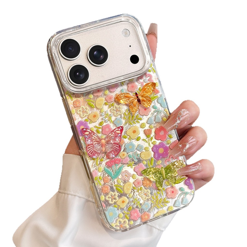 Bướm ba chiều dập nổi Thích hợp cho Apple 16promax Trong suốt iPhone17 Spring 17pro Vỏ điện thoại hoa