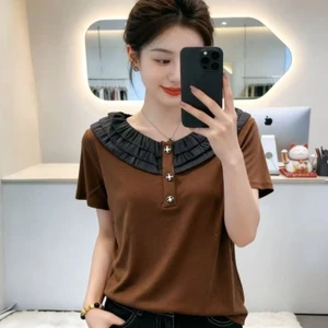 Mùa hè mới thời trang cổ chữ V xù phiên bản cổ chữ V giảm béo áo thun ngắn tay dành cho nữ
