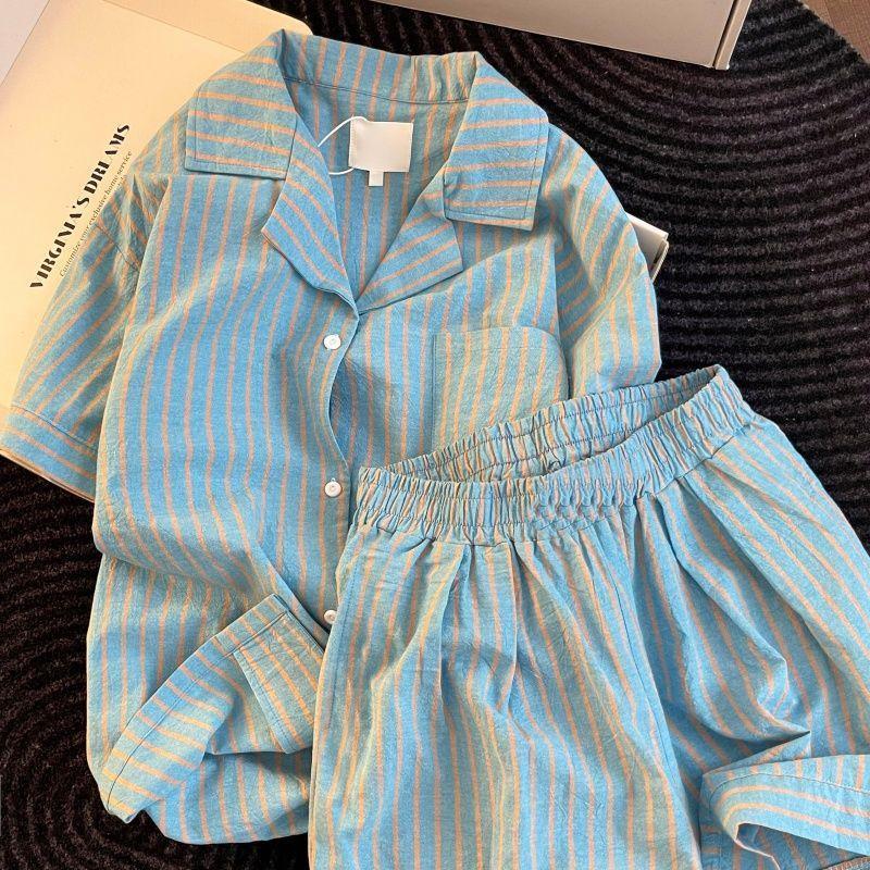 [Hàng mới về] Bộ đồ ngủ Cardigan sọc phong cách thông thường, Cotton đám mây nữ có thể mặc bên ngoài mùa hè Quần Short ngắn tay đơn giản thoải mái