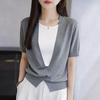 F Giả Hai Mảnh Đơn Giản Đi Lại Dệt Kim Nữ Tay Ngắn Màu Xám Rời Cổ Chữ V Phong Cách Hàn Quốc T @
