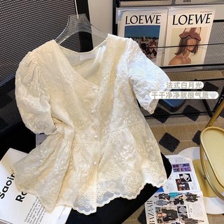 [Luni-oder] Áo Kiểu Nữ Ren Hoa Cổ Tim Tay Phồng Thêu Thủ Công Jacquard , Áo Kiểu Peplum Chiết Eo Màu Kem Thanh Lịch AK10