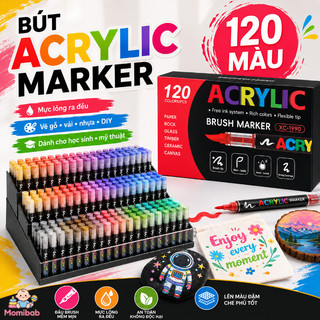 Bộ 120 bút acrylic marker – Đầu brush mềm mịn, mực lông đều – Lên màu đậm, che phủ tốt – Vẽ đa chất liệu – Không độc hại