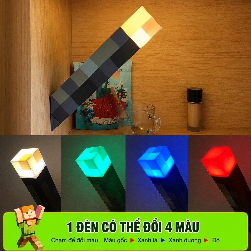 Đèn ngủ nhỏ phong cách Minecraft – Đèn đuốc sạc pin, 4 màu tuỳ chỉnh, đèn treo tường trang trí phòng ngủ, pin siêu trâu