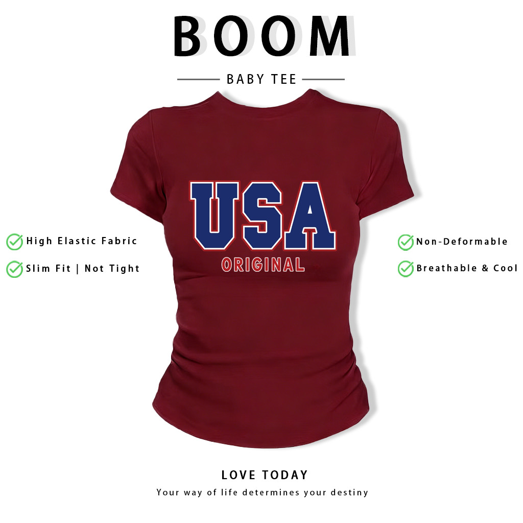 BOOM Áo Baby Tee Nữ Cotton Ôm Body-Áo Thun Ngắn Tay Y2K In Hình PhongCách Mùa Hè, Cổ Tròn Hàng Đầucách hàn quốc phongV13